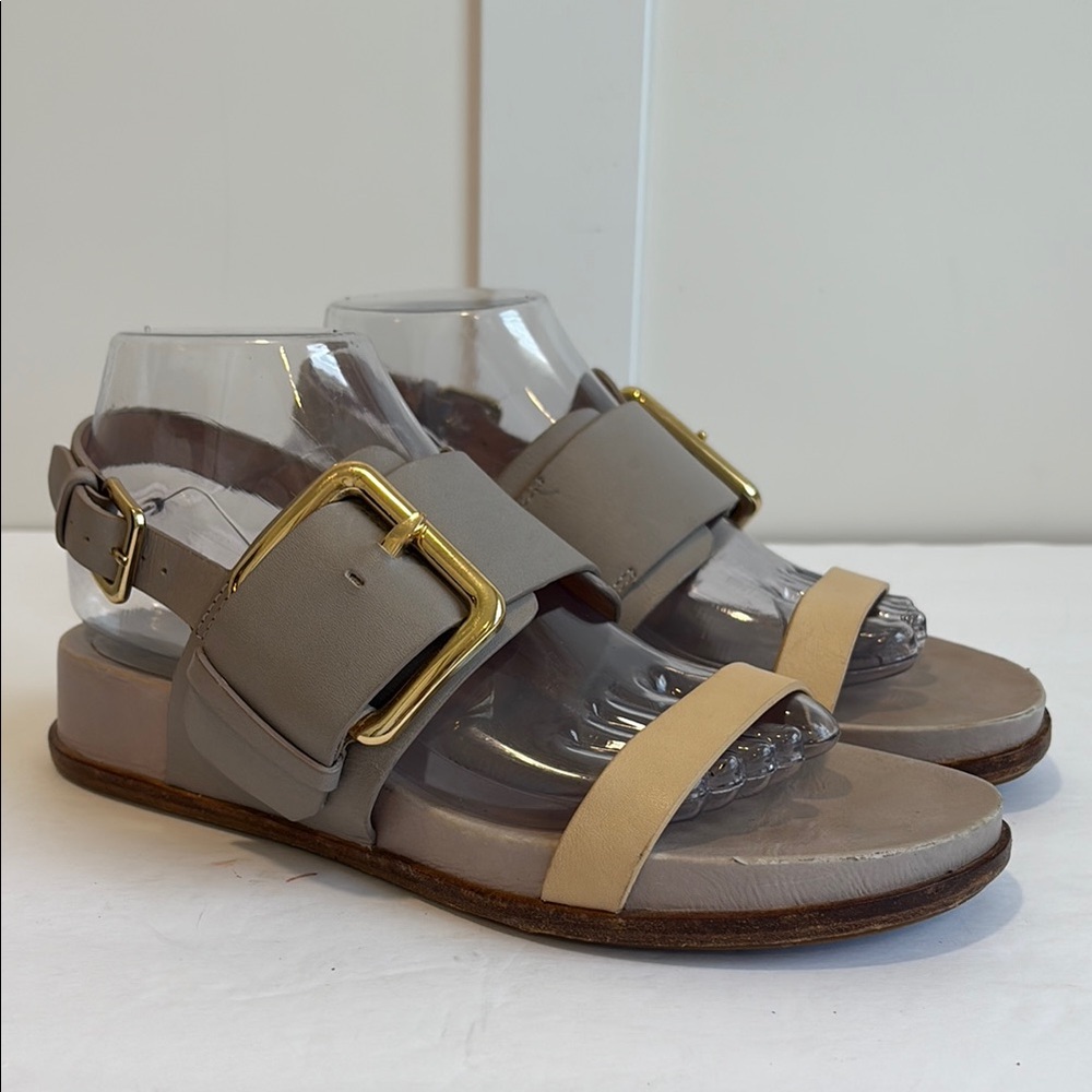 Sigerson Morrison Gray/Taupe and Tan Big Buckle Sandals with Adjustable Straps